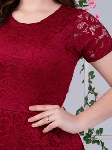 Vestido de Festa Longo Manga Curta Renda Casamento Madrinha Convidada - Marsala - Visão 4
