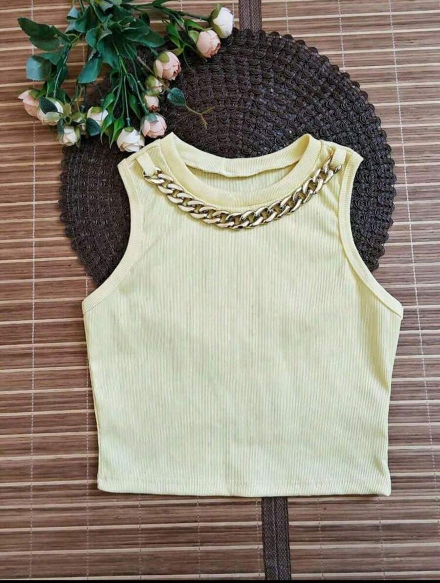 Paiva Fashion Cropped Regata Tecido Canelado Premium Com Corrente Verão 2025 - Amarelo - Visão 1