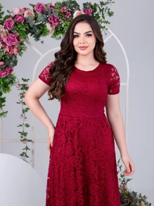 Vestido de Festa Longo Manga Curta Renda Casamento Madrinha Convidada - Marsala - Visão 6