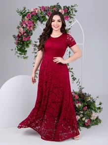 Vestido de Festa Longo Manga Curta Renda Casamento Madrinha Convidada - Marsala - Visão 2