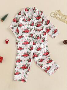 Toddler 2Pcs Christmas Pajamas Long Sleeve Red Truck/Tree Print Shirt And Pants Set Baby Loungewear - 白色 - 查看 1