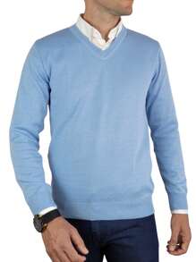 Men's Premium Knitted Sweater Blouse With V-Neck - 淺藍色 - 查看 4