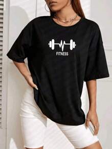 Camiseta Feminina FITNESS Oversized 100% Algodão - Preto - Visão 1