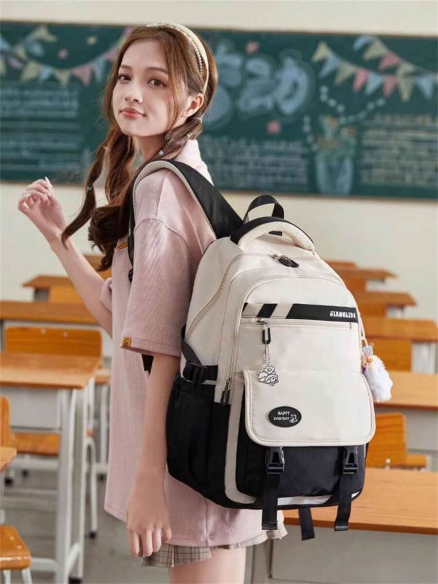 Women's School Backpack For Girls From Primary To Secondary School, Spine Protection, Large Capacity Ultra-Light Backpack, With A Keychain - Black - View 1