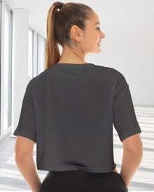 Crop Top Deportivo Mujer Lycra Dry Fit Ropa Deportiva Dama Camiseta Unicolor Mangas Cortas Hombros Caídos Cuello Redondo Ombliguera Top Gym Yoga Running Holgada Relaxed Fit Fitness - Gris - Ver 2