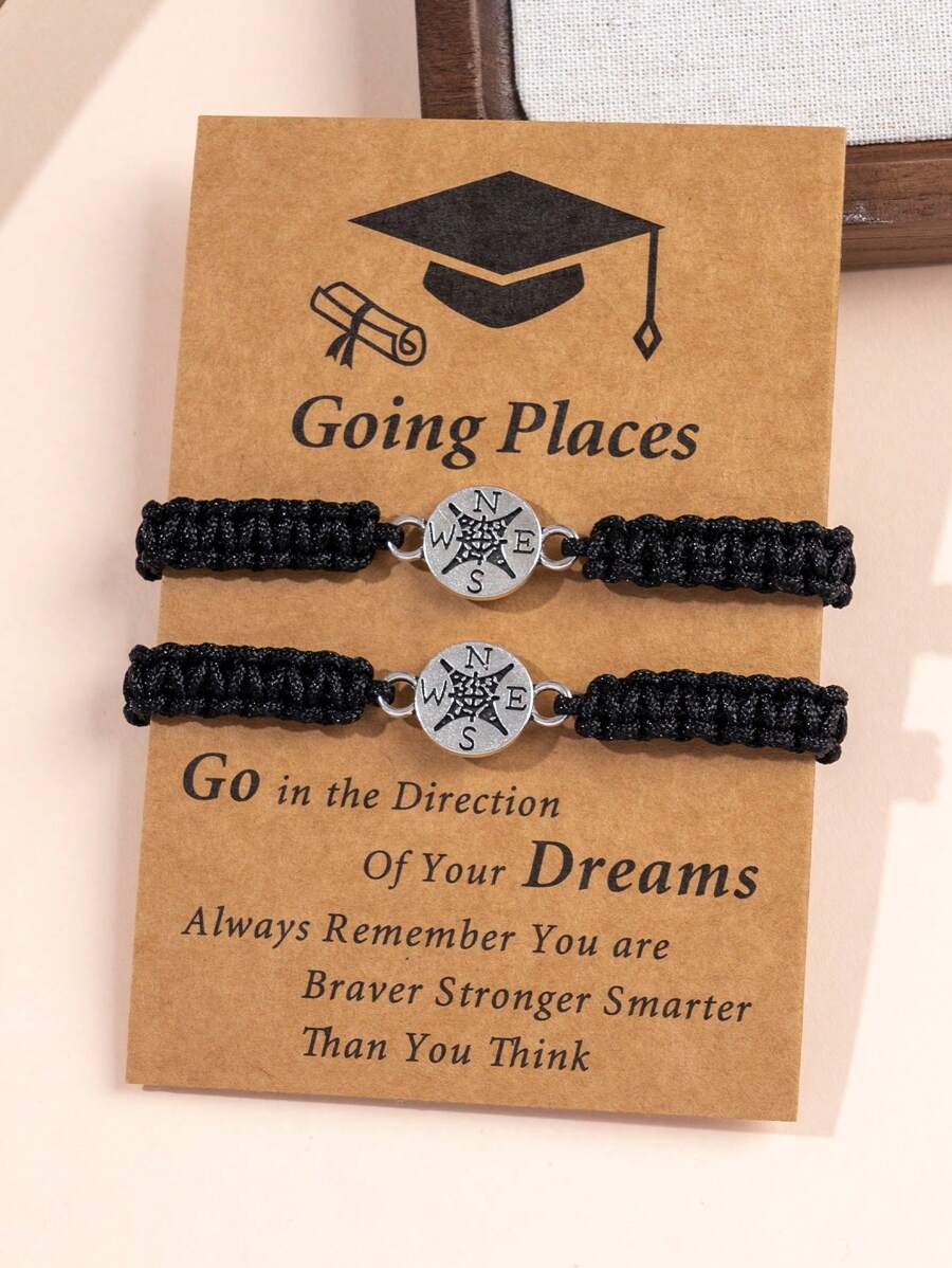 2 件简约复古金属指南针编织手链，适合男士和女士，毕业礼物 - 指南針 - 查看 1