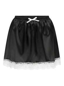 Women Short Skirt Lace Trim Solid Color Bow Puffy Drape A Line Elastic Waist Mini Skort - Black - View 1