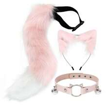 Faux Fur Cat Ears Hair Clip Furry Wolf Fox Tail Bell Leather Neck Chocker Cosplay Set - 粉色 - 查看 1
