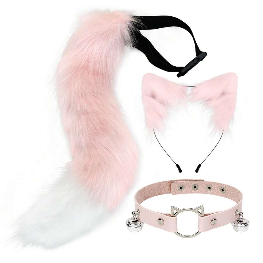 Faux Fur Cat Ears Hair Clip Furry Wolf Fox Tail Bell Leather Neck Chocker Cosplay Set - 粉色 - 查看 1