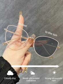 1pc Metal Geometric Frame Photo Chromatic Fashion Glasses, Fashion Versatile Outdoor Casual Neutral Tint Eyeglasses, Light Pink For Summer Beach Vacation,Outdoor,Travel - Discoloration - View 3