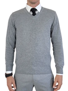 Men's Premium Knitted Sweater Blouse With V-Neck - Grey - View 2
