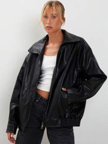 Women Faux Leather Jacket Solid Color Zipper Long Sleeve Motorcycle Jacket PU Leather Biker Coat Outerwear - 黑色 - 查看 4