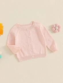Suéter de punto de otoño para niñas, cárdigan de manga larga de color liso con botones, abrigo de punto - Rosa - Ver 3