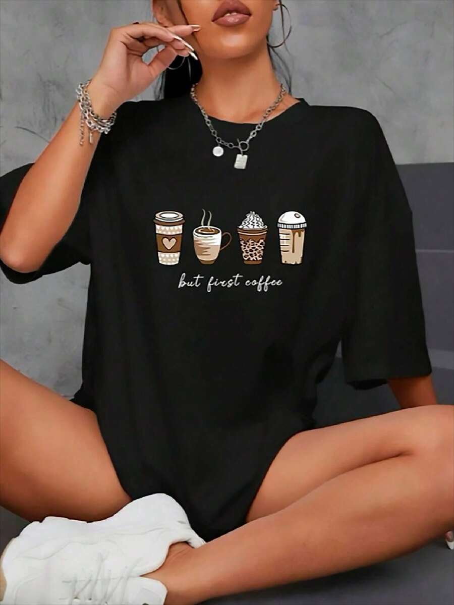 Sidecoat Camisa Feminina Estampa fofa Branca e preta Café coffee Qualidade Boa 100% Algodão - Preto - Visão 1