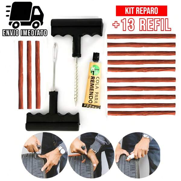 Kit Reparo Pneu sem Camara para Carro e Moto + 13 Refil Selante Macarrão Remendo