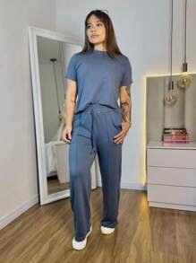 Women's Set Of Wide Leg Pants And Comfortable Sweatshirt Top Summer - 深灰色 - 查看 3