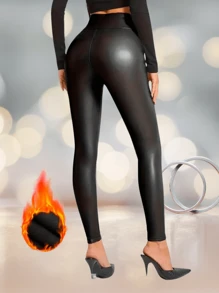 Leggings Efecto Vinipiel Afelpado. - Negro - Ver 2