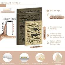 Shark Species Wall Art Poster 1PC - Vintage Ocean Canvas Posters For Home & Office Decor, Optional Frame Educational Marine Life Illustration, Ideal For Bedroom Decor, Living Room Decor, Classroom Decor- Perfect Gift For Sea Life Enthusiasts , Wall Art With Frame