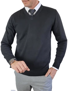 Men's Premium Knitted Sweater Blouse With V-Neck - Black - View 2