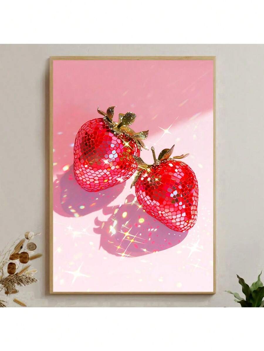 1 件水果海报，粉色迪斯科草莓灯球海报理想礼物帆布画海报和印刷墙面装饰房间装饰墙壁艺术图片美学适用于生活家居卧室装饰无框架