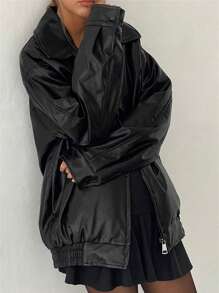 Women Faux Leather Jacket Solid Color Zipper Long Sleeve Motorcycle Jacket PU Leather Biker Coat Outerwear - 黑色 - 查看 3