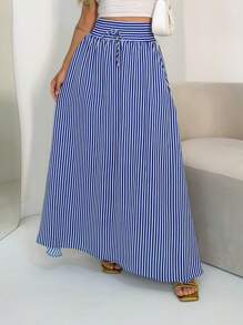 AMY FASHION LONG STRIPED SKIRT WITH SLIT AND THICK WAIST BAG FASHION 2025 - Royal Blue - View 3