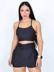 Fitness Set Shorts Skirt + Strappy Top With Padded Bra - Black - View 3
