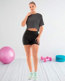 Crop Top Deportivo Mujer Lycra Dry Fit Ropa Deportiva Dama Camiseta Unicolor Mangas Cortas Hombros Caídos Cuello Redondo Ombliguera Top Gym Yoga Running Holgada Relaxed Fit Fitness - Gris - Ver 5