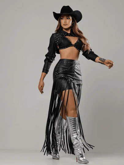 Saia Couro Longa Rodeio Franjas Pedraria Tassia