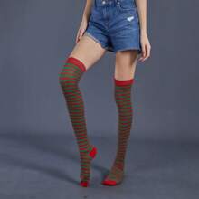 Women's Colorful Striped Knee High Stockings For Party/Carnival/Halloween/Cosplay - Vermelho com Verde - 查看 1