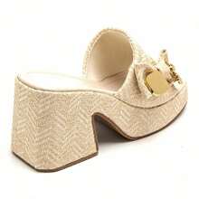 Square Heel Mule With Decorative Detail And Metal Buckle - Beige - View 4