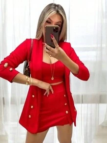 Conjunto 3 Piezas Top, Falda y Saco.  Unicolor. - Rojo - Ver 2