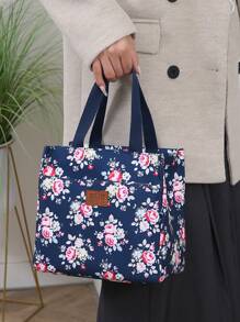 新款加厚尼龙面料花卉印花午餐袋，便携式便当盒手提袋，大容量隔热野餐袋，适合午餐、野餐、工作、旅行、日常使用女士午餐盒袋女士学校用品配件 - 寶藍色 - 查看 9