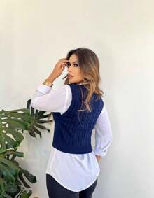 V-Neck Braided Knit Sweater Vest - Navy Blue - View 3