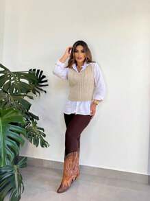 V-Neck Braided Knit Sweater Vest - 沙 - 查看 4