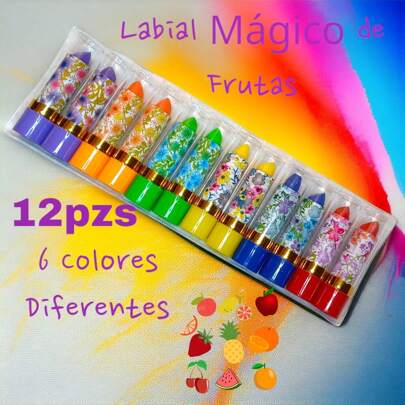 Labiales Mágicos con olor a FRUTAS 12 pzs. Lápiz labial Hidratante con Cambio de color dependiendo el Ph a Rosa o Rojo. Pack de labiales mágicos.