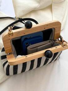 Striped Twill Bag With Wooden Clasp And Long Removable Strap