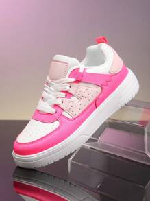 Baskets noires et blanches pour femmes, chaussures de skate à lacets avec semelle épaisse et douce, chaussures de marche basses, chaussures polyvalentes à semelle blanche pour femmes, chaussures pour étudiantes - Rose vif - Voir 6