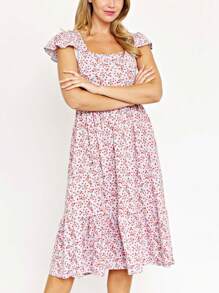 Boho Retro Ditsy Floral Flutter Puff Sleeve Square Neck Tiered Ruffle Tea Midi Length Classic Bridgerton Dress - Pink - View 5