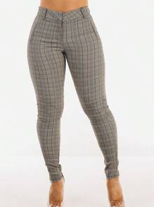 Butt Lift High Waist Plaid Skinny Pants Brown - Nhiều màu - Xem 3