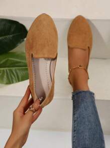 Women's Plain Pattern Medium Width Pointed Toe Textile Flat Shoes, Casual Comfortable Slip On Shoes For Daily, Footwear Walking Shoes For Fall 2024 - 卡其色 - 查看 4