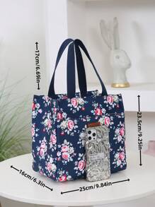 新款加厚尼龙面料花卉印花午餐袋，便携式便当盒手提袋，大容量隔热野餐袋，适合午餐、野餐、工作、旅行、日常使用女士午餐盒袋女士学校用品配件 - 寶藍色 - 查看 3