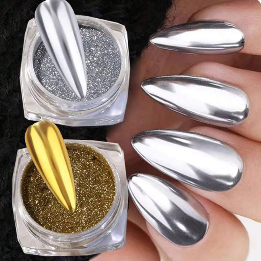 2 Piezas Polvo Para Uñas Efecto Espejo Dorado y Plata. Color para decoraciones de arte de uñas, escamas brillantes sin olor con alto brillo para manicura y acentos de maquillaje. Polvo de uñas + Aplicadores, colores 3D iridiscente para decoración de uñas DIY - Plateado y Dorado - Ver 1