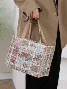 新款加厚提花针织面料手提袋，大容量午餐盒保温冷藏袋，适合带午餐上班、户外野餐、餐盒收纳，带铝箔衬里和前拉链口袋午餐袋女士午餐盒袋女士学校用品配件 - 卡其色 - 查看 9