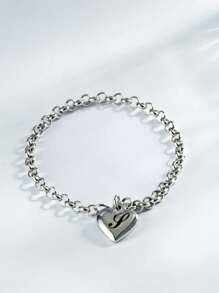 1pc Charm Bracelet With 26 Alphabet Letters, Chunky Jewelry, Heart Design, Suitable For Women And Teens, Perfect Christmas Gift