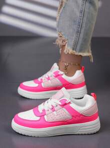 Baskets noires et blanches pour femmes, chaussures de skate à lacets avec semelle épaisse et douce, chaussures de marche basses, chaussures polyvalentes à semelle blanche pour femmes, chaussures pour étudiantes - Rose vif - Voir 4
