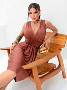 Vestido Feminino Curto Casamento Festa / Decote V Premium / Vestido Elegante Casual Sensual / Vestido Madrinha / Vestido Formatura / Vestido Noivado - Marrom - Visão 4