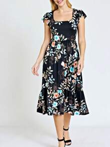Boho Retro Ditsy Floral Flutter Puff Sleeve Square Neck Tiered Ruffle Tea Midi Length Classic Bridgerton Dress - Black B - View 5