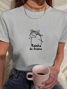 Camiseta Feminina Babylook T shirt flork frase rainha do drama 100% Algodão Várias Cores - Cinza - Visão 1