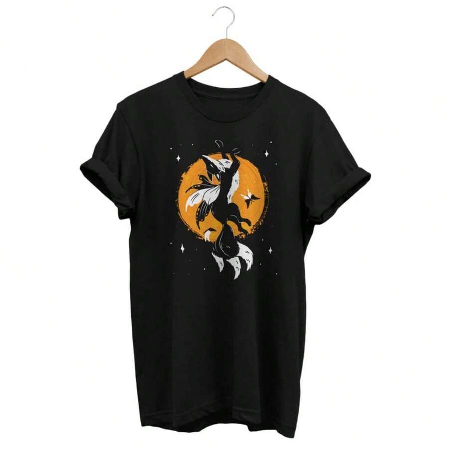 Fairy Fox Shirt, Grunge Fairycore Clothing, Cottagecore T-Shirt, Grunge Outfit, Alternative Fashion, Fairy Apparel, Vintage Art, Fairytale - 黑色 - 查看 1